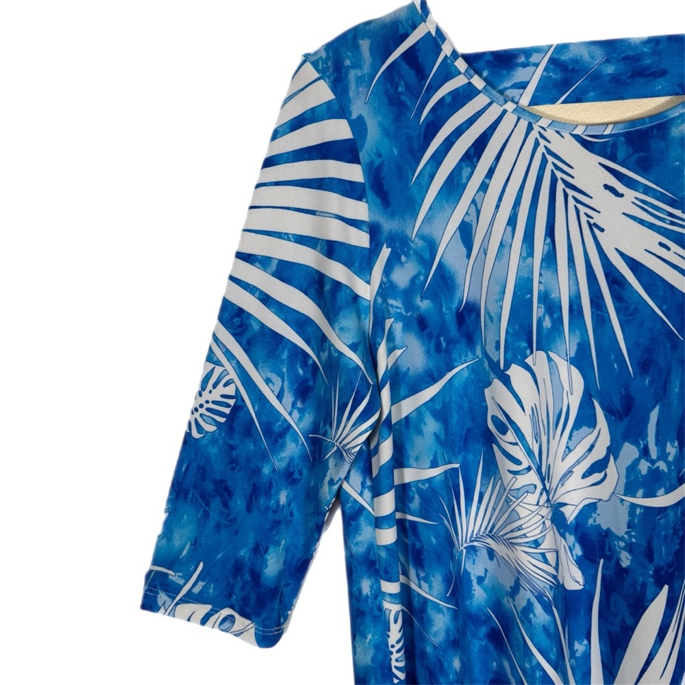Clara Sun Woo Asymmetrical Tropical Palm Leaf Tunic Top Blouse L Blue White - Picture 3 of 7